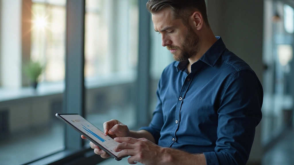 Молодой бизнесмен анализирует финансовые графики и диаграммы на планшете в офисной среде